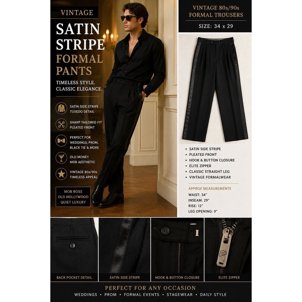 VTG Satin Stripe Formal Tuxedo Pants Black Military Mob Boss Wedding  EUC